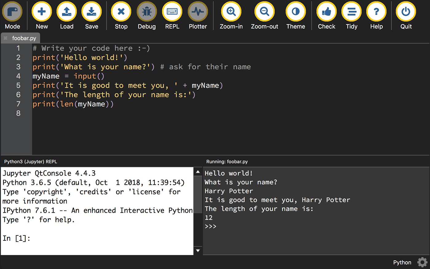 Python 3 script running in Mu the editor screenshot