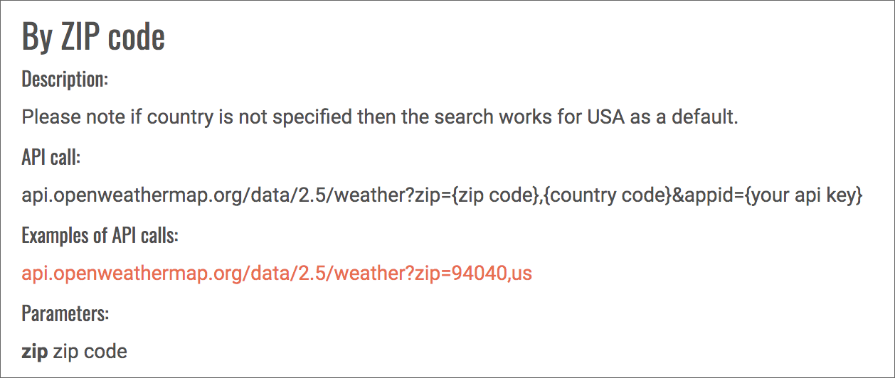 The zip code query at OpenWeather screenshot